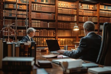 Two individuals in a library filled with books are engaged in work on their laptops, depicting a professional environment, focus, and the dedicated research involved in the legal profession.