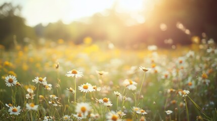 Fototapeta premium Beautiful meadow with blooming daisies under warm sunlight, providing a peaceful and tranquil nature scene perfect for spring and summer themes.