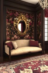 Vintage Interior Design with Ornate Mirror and Floral Wallpaper