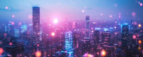 Fototapeta premium City skyline with skyscrapers illuminated by colorful lights at dusk, creating a dreamy and futuristic urban scenery.