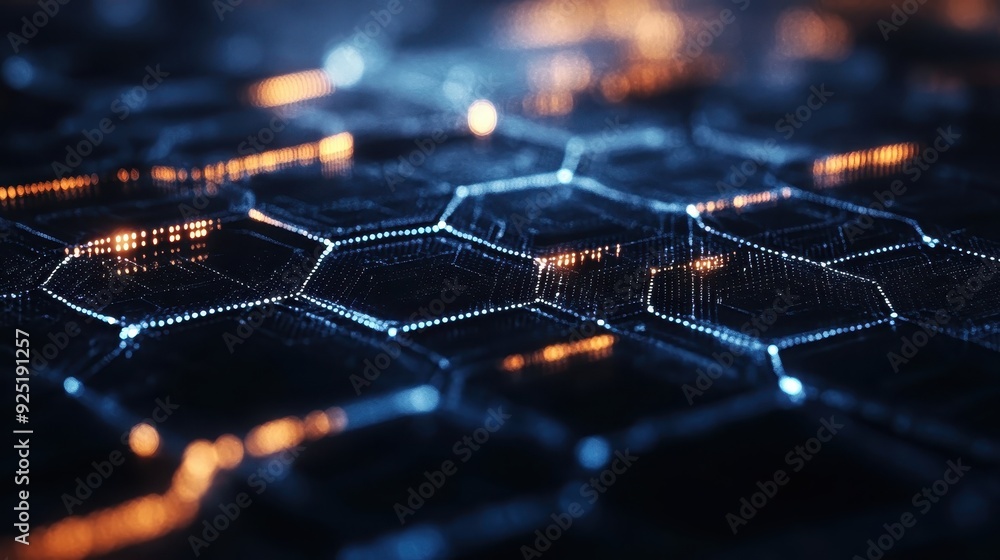 Poster close-up of a futuristic hexagonal pattern with blue and orange lighting, representing advanced tech