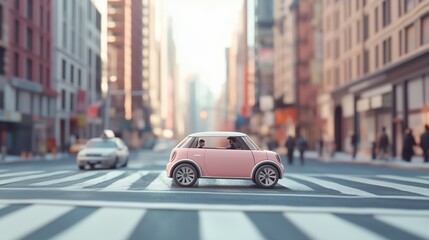 Fototapeta premium A pink toy car crosses a bustling city street during daylight in an urban environment