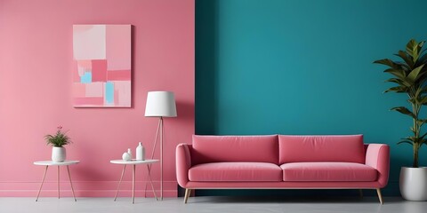 A pink sofa against a teal blue wall, with a white side table and a decorative object on it, bold and slim lines, brush strokes.