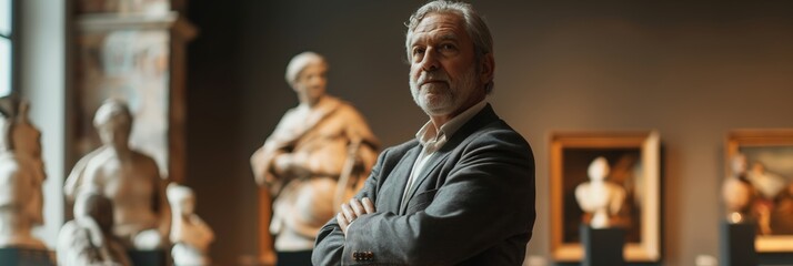 Elderly bearded man standing resolutely in an art museum, surrounded by sculptures and paintings, representing wisdom and art appreciation.