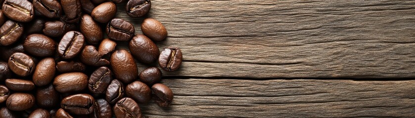 Obraz premium Close-up of coffee beans on a rustic wooden surface, perfect for beverage and cafe visuals, emphasizing the texture and color of roasted coffee.