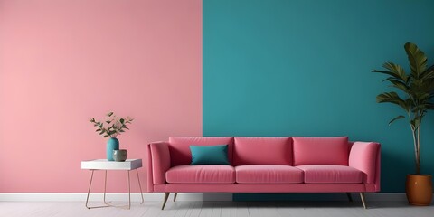 A pink sofa against a teal blue wall, with a white side table and a decorative object on it, bold and slim lines, brush strokes.