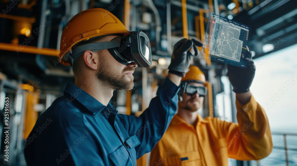 Poster engineers using advanced 3d mapping technology for oil exploration