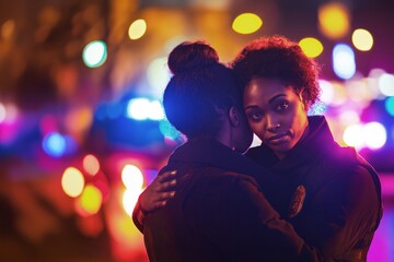 Female police officer embracing a woman in front of police lights, emotional moment, nighttime city street, offering comfort and support, supportive gesture, selected focus, copy space 