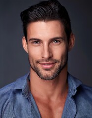 Obraz premium Portrait of a handsome man with black hair and skin and green-blue eyes