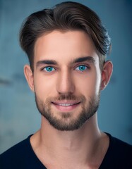 Fototapeta premium Portrait of a handsome man with black hair and skin and green-blue eyes