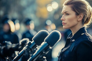 Female police officer addressing media at a press conference, microphones in the foreground, focused expression, outdoor setting, gender equality in law enforcement, selected focus, copy space
