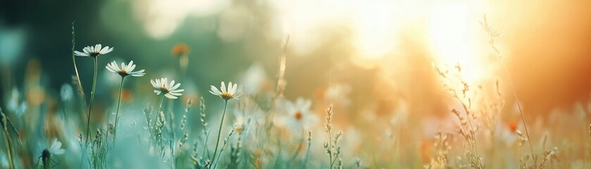 Close-up of wildflowers in a meadow during sunset, capturing serene beauty and vibrant colors of nature in soft focus.