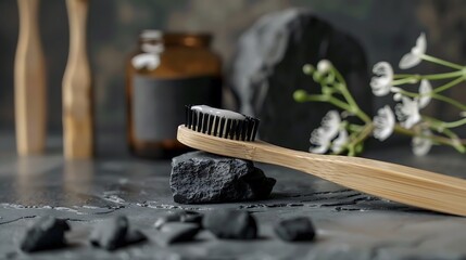 Fototapeta premium Bamboo toothbrush with toothpaste on the charcoal bits and bristles made of charcoal