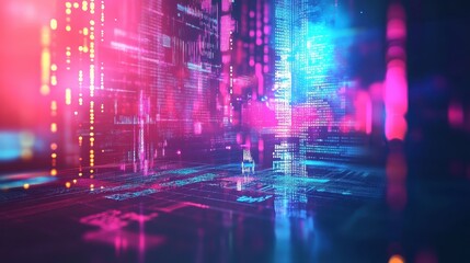 Colorful abstract digital background featuring glowing neon lights, data patterns, and futuristic technology design elements.
