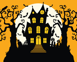 Halloween illustration. Haunted house under full moon with trees and graveyard for Halloween night. Perfect for party invitations, social media, festive event promotions.
