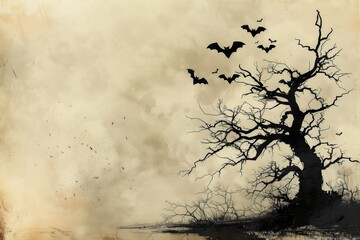Fototapeta premium tree in the sky silhouette bats halloween dark