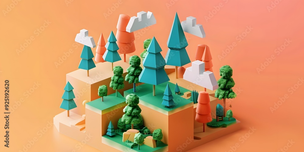 Wall mural Abstract 3D Illustration of a Green Forest with Clouds