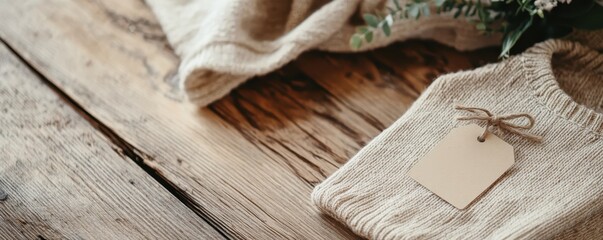 Cozy knit sweater on rustic wooden table with blank tag, perfect for fashion or autumn themed projects.