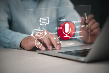 AI-powered chatbot interface with multilingual speech recognition icons. Ideal for software,...
