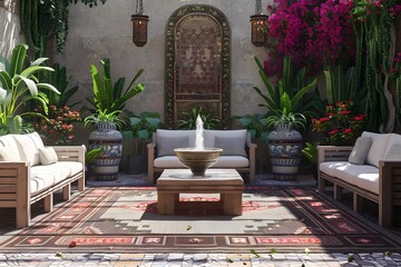 Ornamental Garden Courtyard with Fountain and Seating
