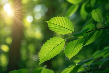 Sun shining through fresh green leaves in spring forest