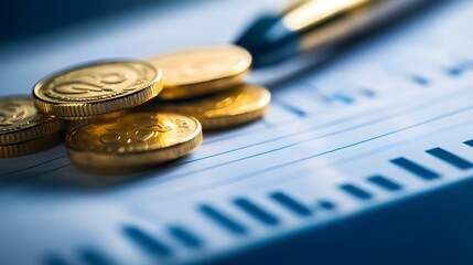 Close-up of coins and a pen on a financial report, symbolizing wealth management and investment analysis.