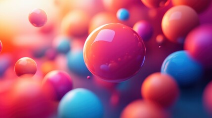 A vibrant collection of colorful 3D spheres floating in a blurred, abstract space, creating a dynamic and playful visual effect.