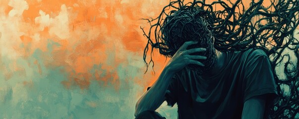 A surreal illustration of a man covering his face with his hand, his head transformed into tangled, dark roots, symbolizing confusion, mental struggle, or emotional turmoil.