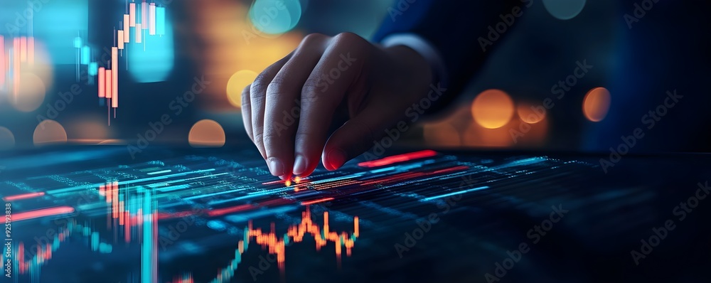 Poster a hand interacting with a digital data chart, analyzing stock market trends and performance metrics 