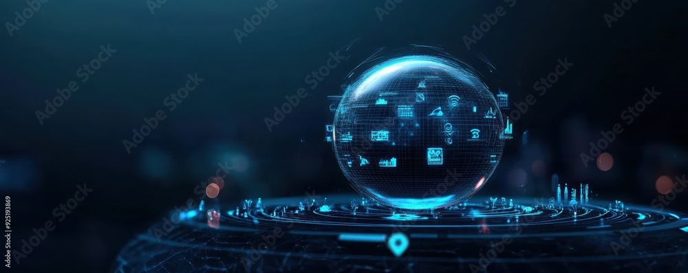 Poster futuristic digital interface with holographic globe displaying data. high-tech concept in a dark blu
