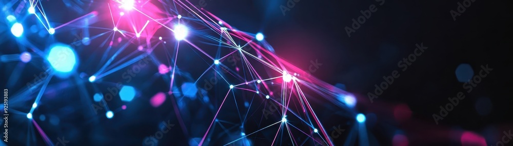 Poster futuristic digital network with glowing nodes and connections, representing technology and data comm