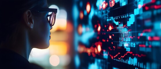 A focused individual analyzes vibrant data visuals on a digital screen, highlighting modern technology and cybersecurity themes.