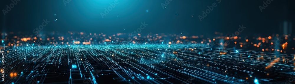 Poster futuristic digital technology background with glowing lights and a networked grid pattern, represent
