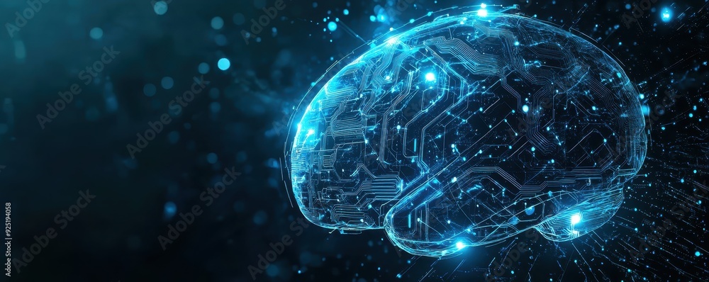 Poster futuristic glowing brain made of circuits and lights, representing artificial intelligence and techn