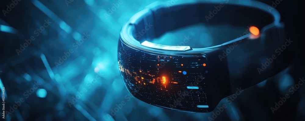 Poster futuristic high-tech virtual reality headset with glowing interfaces and digital elements in a dynam