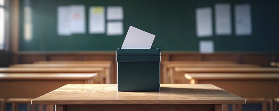 A ballot box with a paper being inserted, placed on a desk in an empty classroom, symbolizing voting, elections, and civic engagement in educational settings.