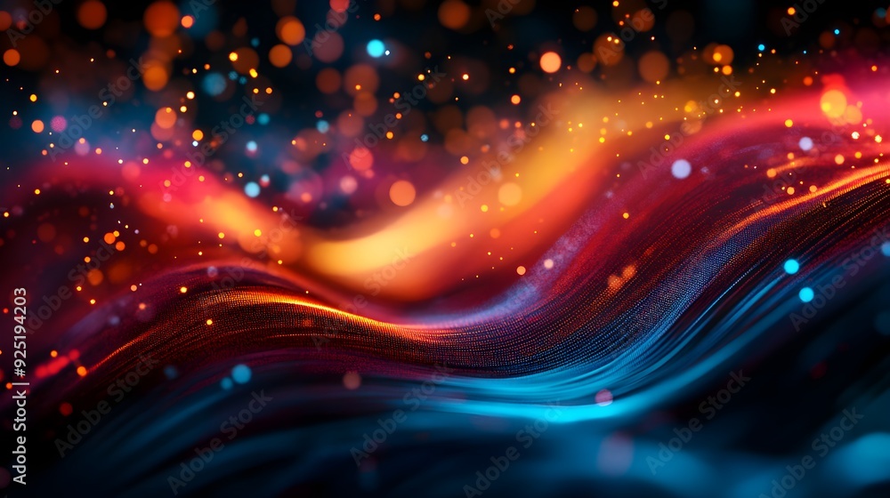 Poster a vibrant abstract background with flowing waves and luminous orbs, creating a dynamic interplay of 