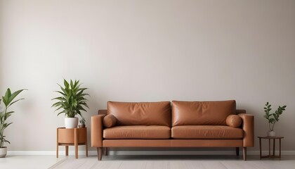 A modern living room with a brown leather sofa, a potted plant, and a wooden side table.