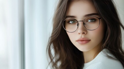 Fototapeta premium Close up portrait of a young woman with long brown hair, wearing glasses and looking off to the side.