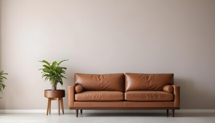 A modern living room with a brown leather sofa, a potted plant, and a wooden side table.