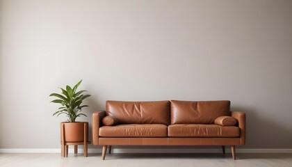Fototapeta premium A modern living room with a brown leather sofa, a potted plant, and a wooden side table.