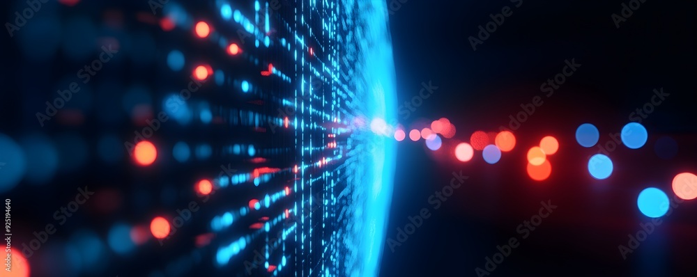 Poster abstract visualization of data streams in vibrant blue and red hues, representing technology and inn