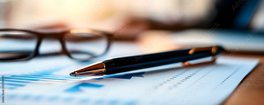 Poster close-up of a pen resting on a financial report with graphs, highlighting productivity and analytica