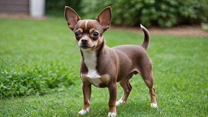 Chocolate smooth coat chihuahua dog in the garden