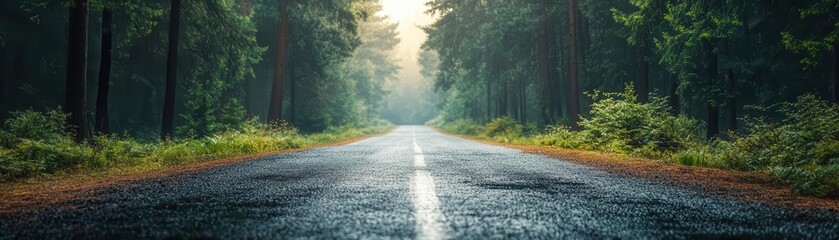 Fototapeta premium Road trip through a lush pine forest, car driving down the path, sense of freedom and journey