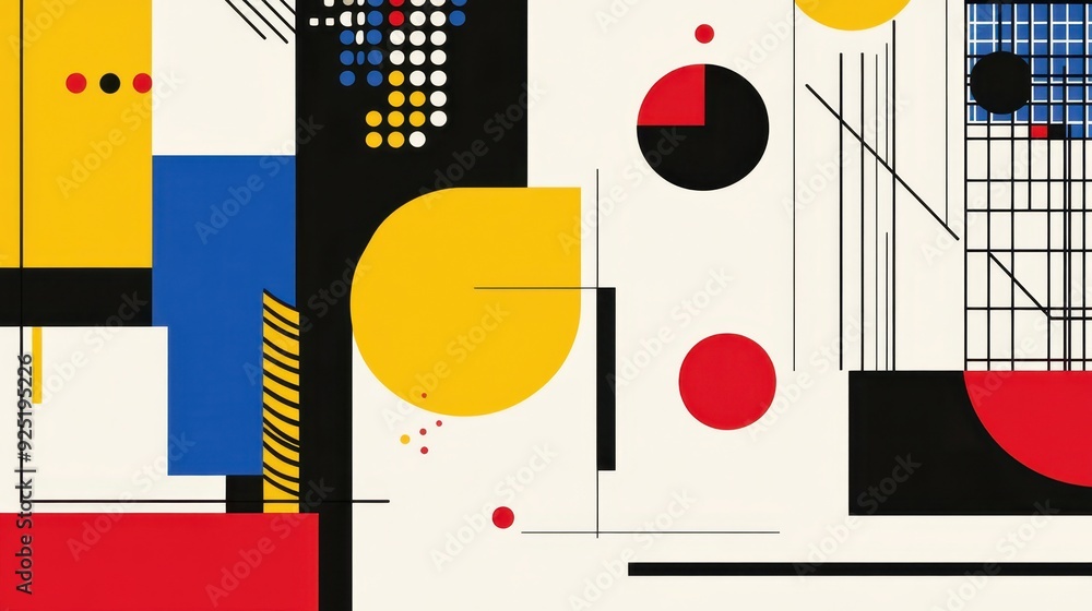 Poster modern abstract geometric composition with vibrant shapes in primary colors, showcasing a dynamic an