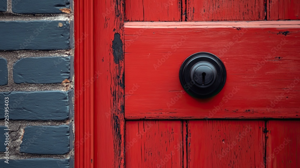 Poster a close-up of a red door with a black handle, standing out against the rustic brickwork of the build