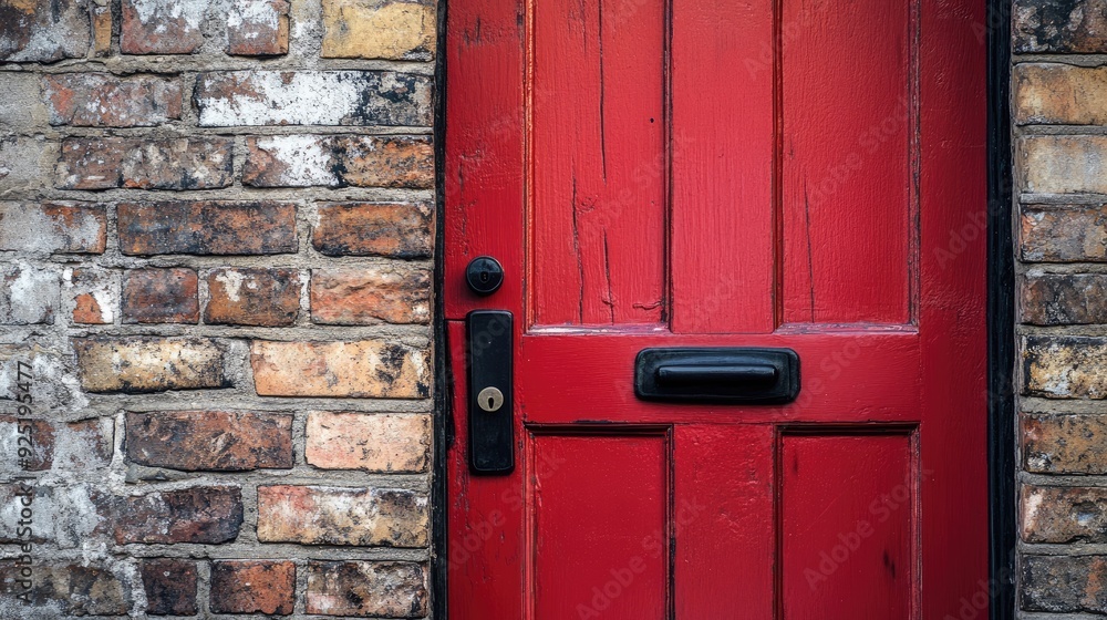 Poster a close-up of a red door with a black handle, standing out against the rustic brickwork of the build