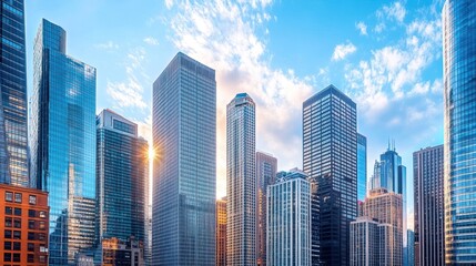 Obraz premium Modern Urban Skyline at Sunset Featuring Iconic Architecture