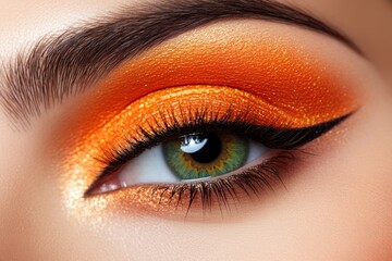 Obraz premium Vibrant orange eyeshadow on stunning green eye close-up